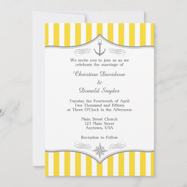 Yellow White Gray Nautical Wedding Invitation (Front)