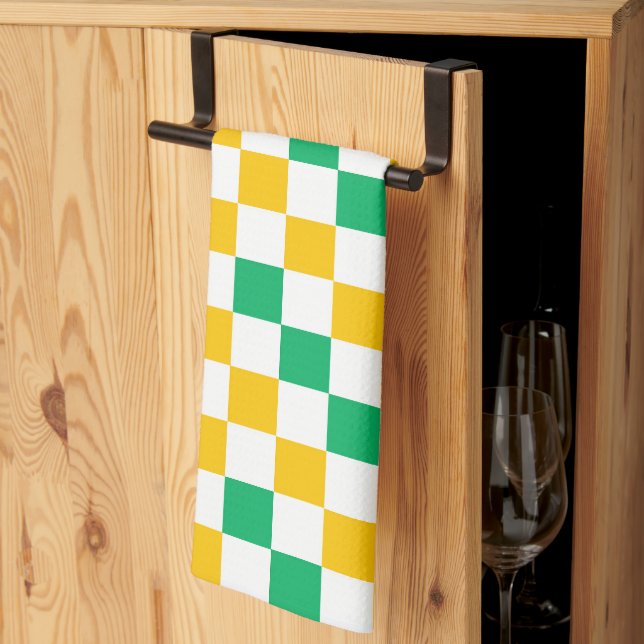 Yellow White Green Checkered Design  Kitchen Towel (Thirds Fold)
