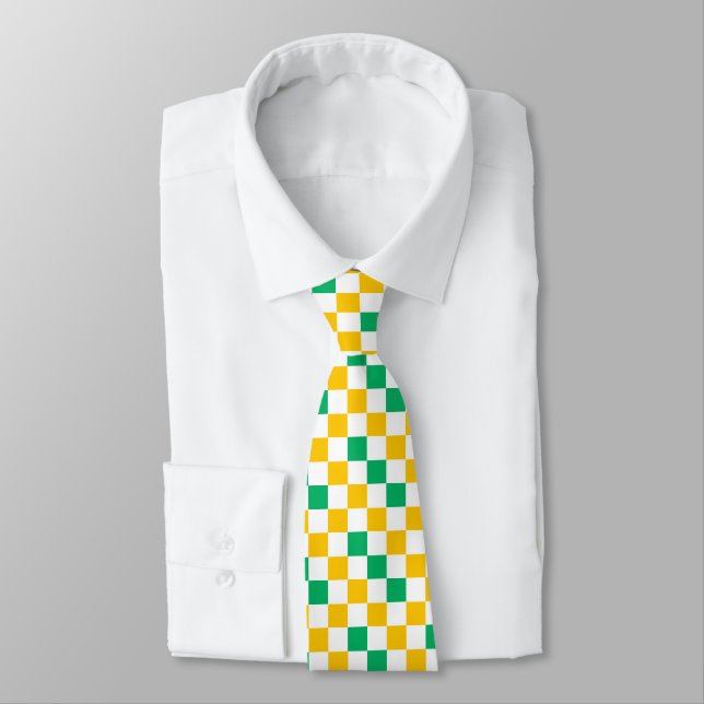 Yellow White Green Checkered Design  Neck Tie (Tied)