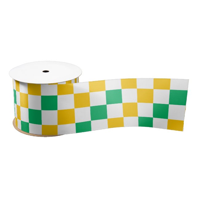 Yellow White Green Checkered Design  Satin Ribbon (Spool)