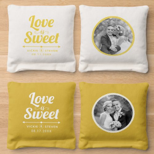 Yellow white happily Love is sweet wedding photo Cornhole Bags