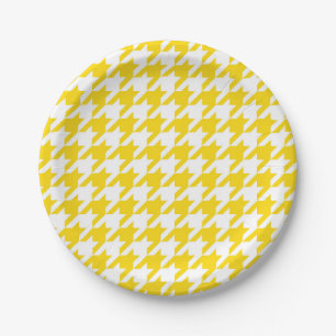Yellow White Houndstooth Check Paper Plates