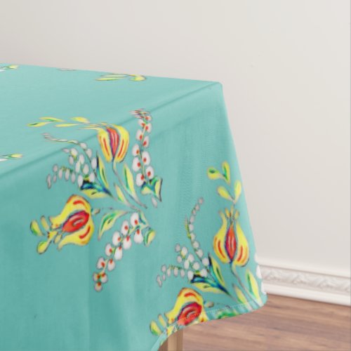 yellow white Hungarian floral in teal Tablecloth