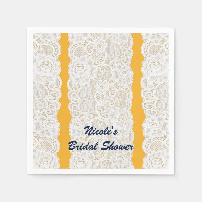Yellow & White Lace Bright Elegant Rustic Party Paper Napkins (Front)