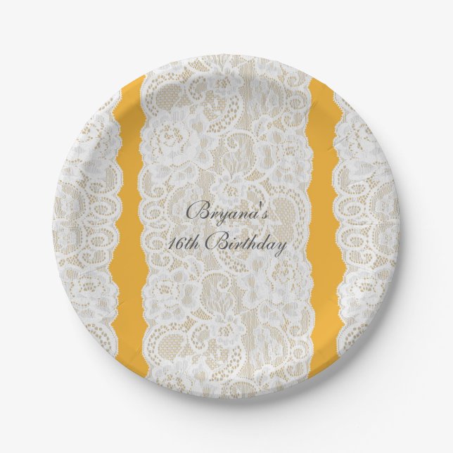 Yellow & White Lace Bright Elegant Rustic Party Paper Plates (Front)