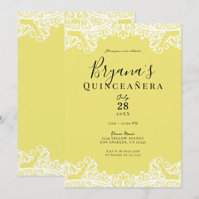 Yellow & White Lace Elegant Quinceañera Party   Invitation (Front/Back)