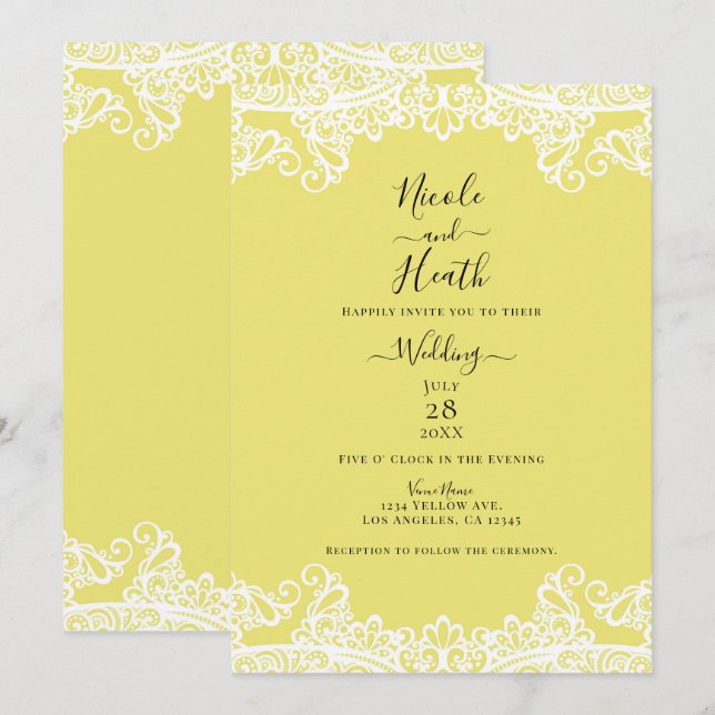 Yellow & White Lace Elegant Wedding  Invitation (Front/Back)