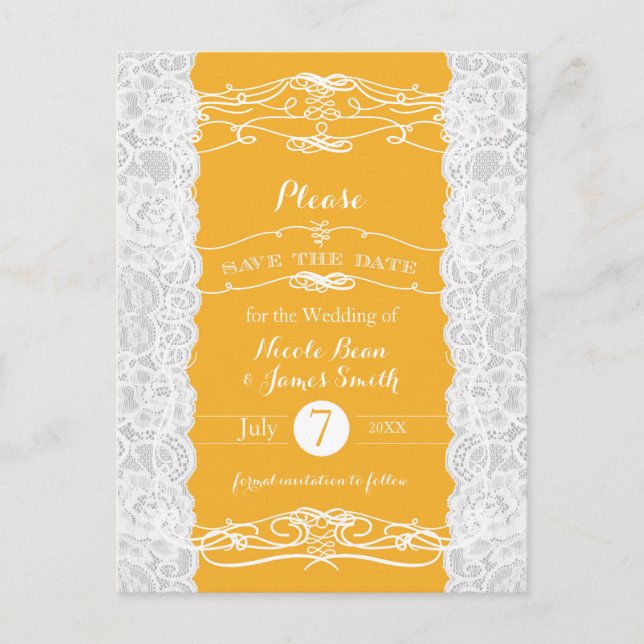 Yellow & White Lace Elegant Wedding Save the Date Announcement Postcard (Front)