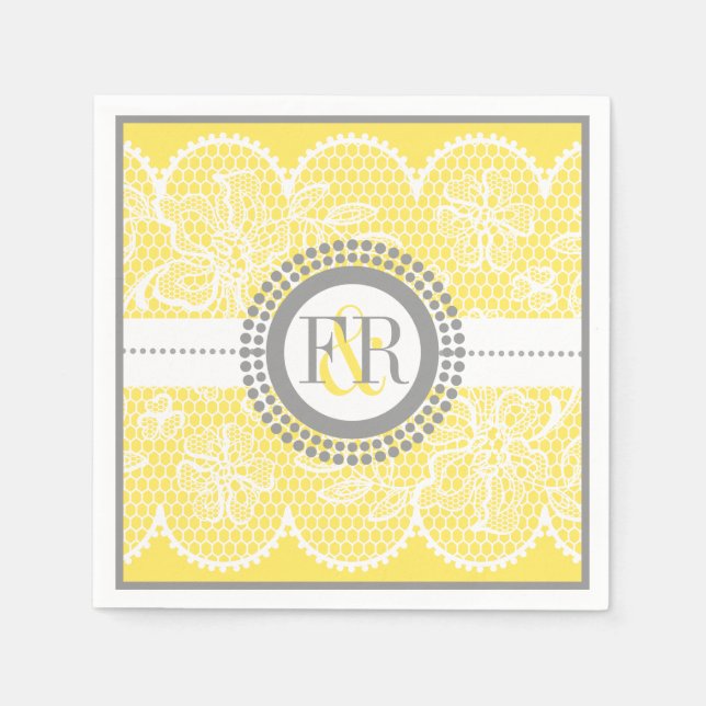 Yellow, white lace pattern wedding napkins (Front)