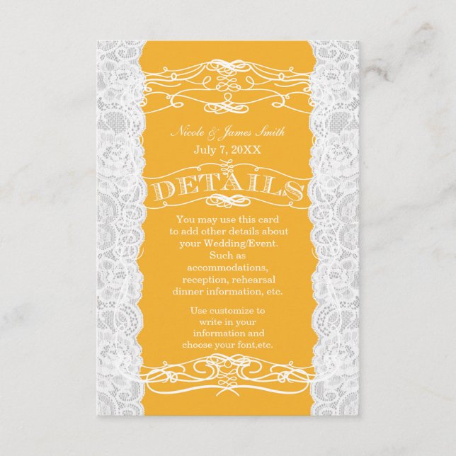 Yellow & White Lace Wedding DETAILS information Enclosure Card (Front)