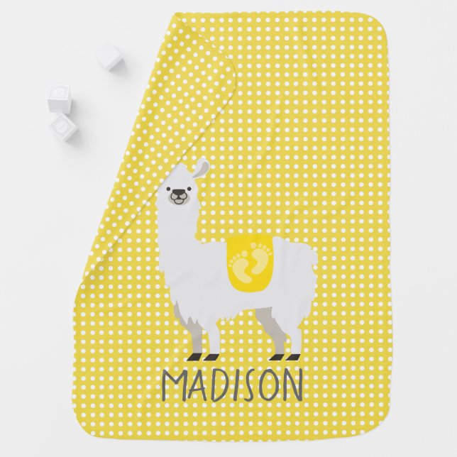 Yellow & White Llama Gender Neutral Baby Blanket (In Situ)