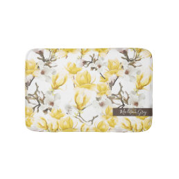Yellow &amp; White Magnolia Blossom Watercolor Pattern Bath Mat