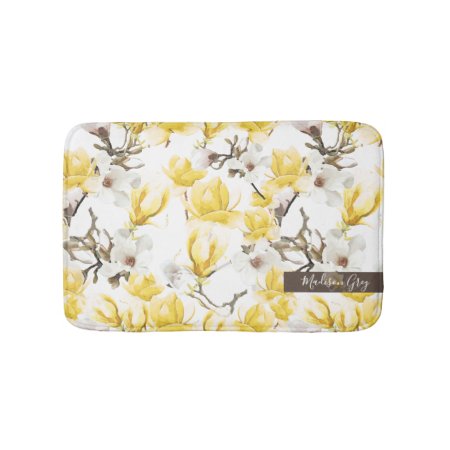 Yellow & White Magnolia Blossom Watercolor Pattern Bath Mat