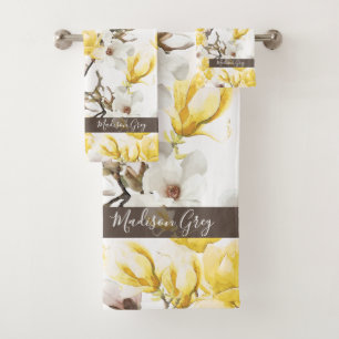 Yellow & White Magnolia Blossom Watercolor Pattern Bath Towel Set