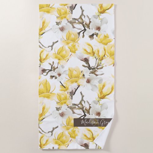 Yellow  White Magnolia Blossom Watercolor Pattern Beach Towel