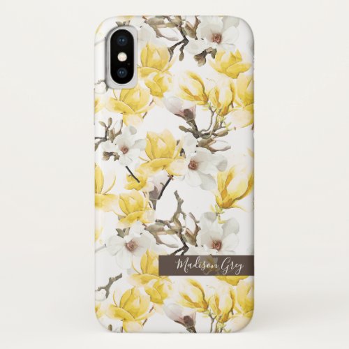 Yellow  White Magnolia Blossom Watercolor Pattern iPhone X Case