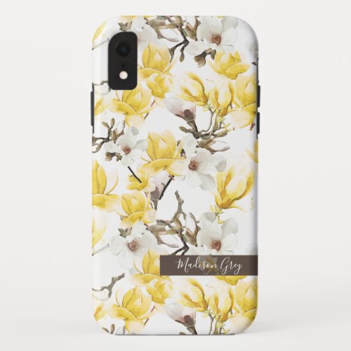 Yellow  White Magnolia Blossom Watercolor Pattern iPhone XR Case