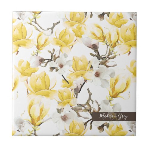 Yellow  White Magnolia Blossom Watercolor Pattern Ceramic Tile