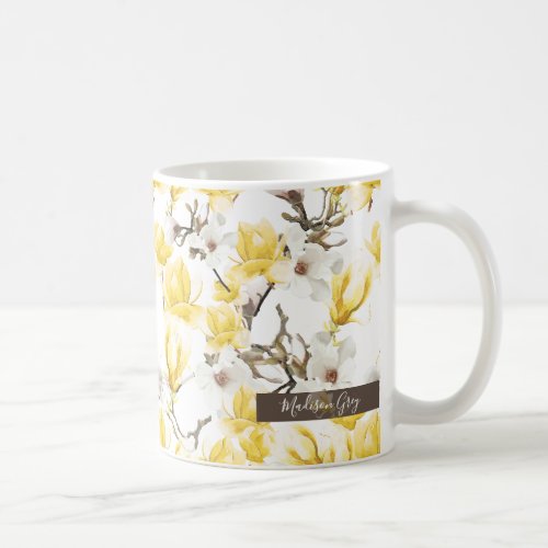 Yellow  White Magnolia Blossom Watercolor Pattern Coffee Mug