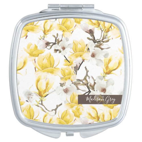 Yellow  White Magnolia Blossom Watercolor Pattern Compact Mirror