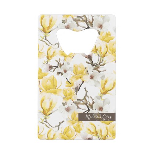 Yellow  White Magnolia Blossom Watercolor Pattern Credit Card Bottle Opener