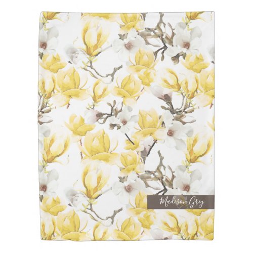 Yellow  White Magnolia Blossom Watercolor Pattern Duvet Cover