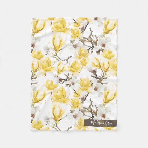 Yellow  White Magnolia Blossom Watercolor Pattern Fleece Blanket