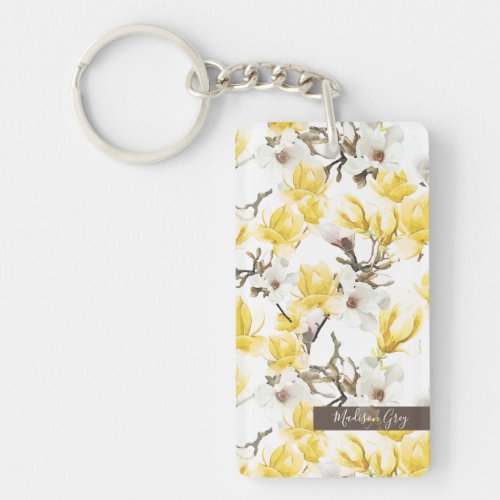 Yellow  White Magnolia Blossom Watercolor Pattern Keychain