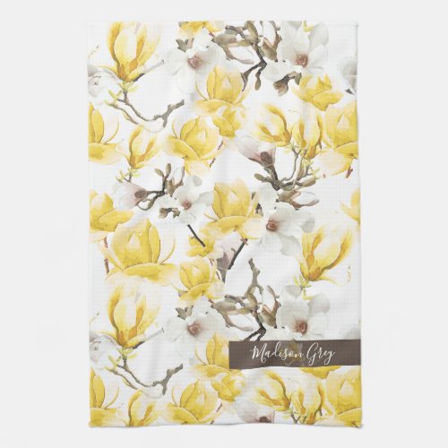 Yellow  White Magnolia Blossom Watercolor Pattern Kitchen Towel