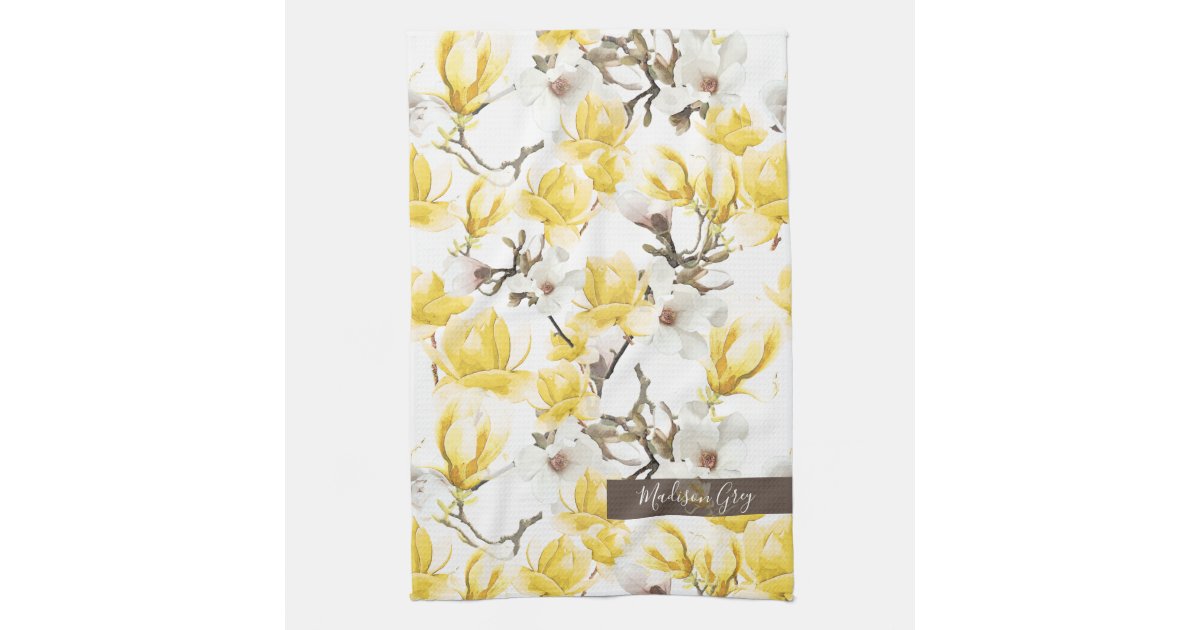 Yellow White Magnolia Blossom Watercolor Pattern Kitchen Towel Watercolor Pattern Kitchen Towel