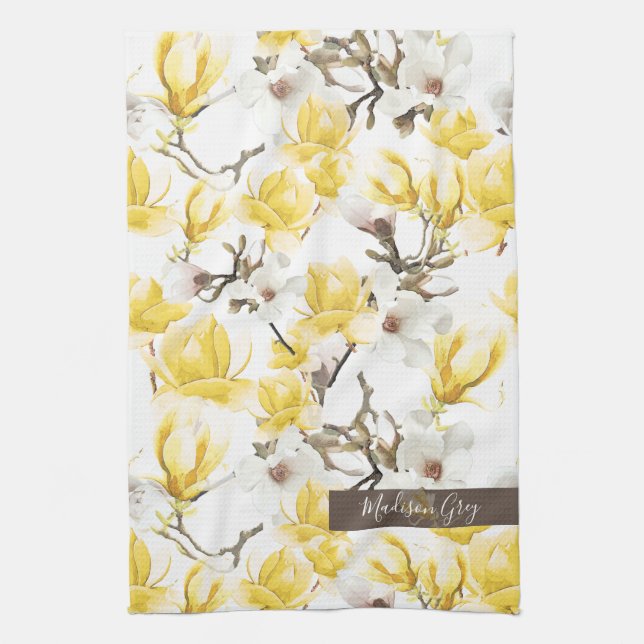 Yellow & White Magnolia Blossom Watercolor Pattern Kitchen Towel (Vertical)