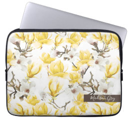 Yellow &amp; White Magnolia Blossom Watercolor Pattern Laptop Sleeve