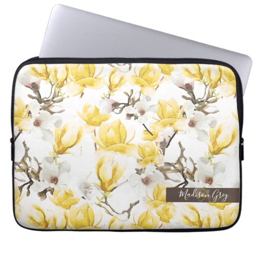 Yellow  White Magnolia Blossom Watercolor Pattern Laptop Sleeve