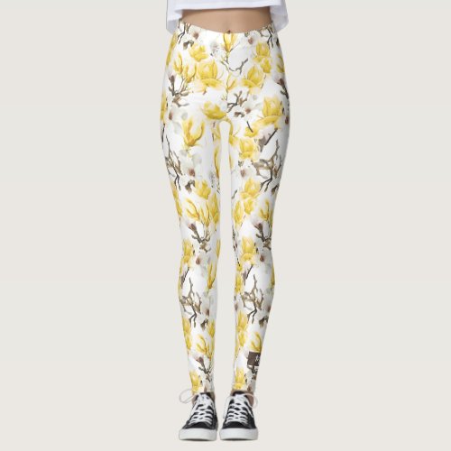 Yellow  White Magnolia Blossom Watercolor Pattern Leggings