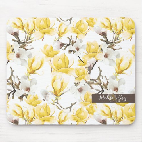 Yellow  White Magnolia Blossom Watercolor Pattern Mouse Pad