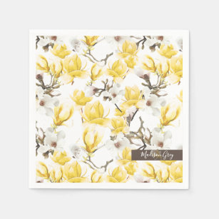Yellow & White Magnolia Blossom Watercolor Pattern Napkins