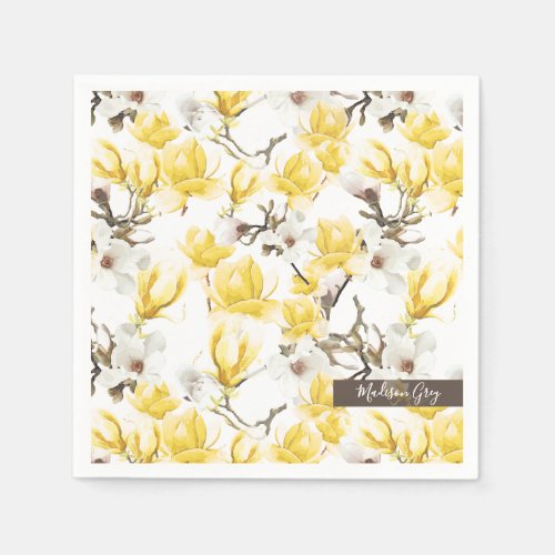 Yellow  White Magnolia Blossom Watercolor Pattern Napkins