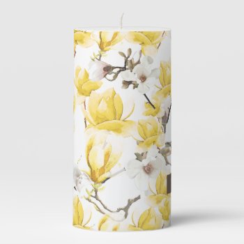 Yellow & White Magnolia Blossom Watercolor Pattern Pillar Candle by LifeInColorStudio at Zazzle
