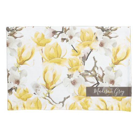 Yellow & White Magnolia Blossom Watercolor Pattern Pillow Case
