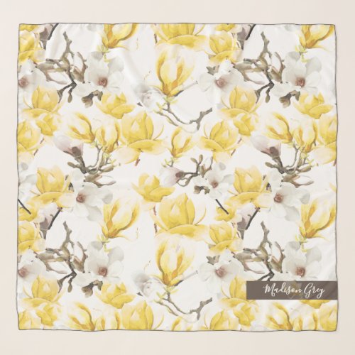 Yellow  White Magnolia Blossom Watercolor Pattern Scarf