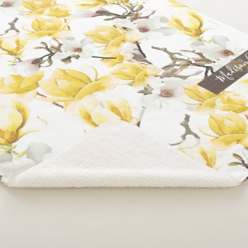 Yellow  White Magnolia Blossom Watercolor Pattern Sherpa Blanket