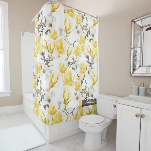Yellow  White Magnolia Blossom Watercolor Pattern Shower Curtain