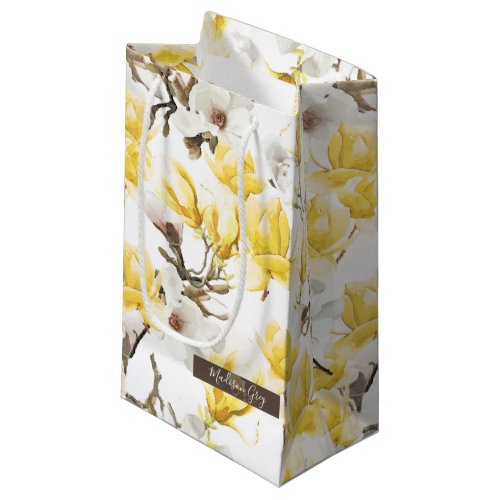 Yellow  White Magnolia Blossom Watercolor Pattern Small Gift Bag