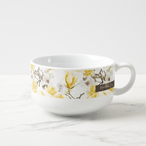 Yellow  White Magnolia Blossom Watercolor Pattern Soup Mug
