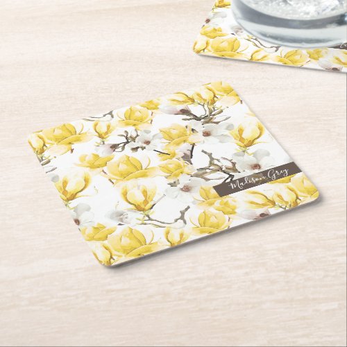 Yellow  White Magnolia Blossom Watercolor Pattern Square Paper Coaster