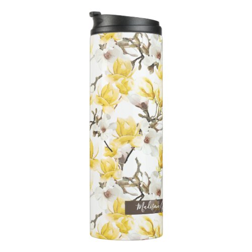 Yellow  White Magnolia Blossom Watercolor Pattern Thermal Tumbler