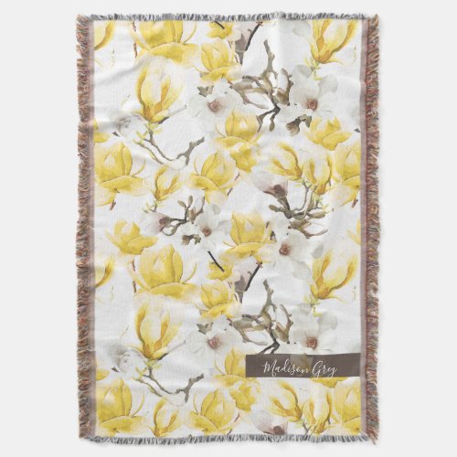 Yellow  White Magnolia Blossom Watercolor Pattern Throw Blanket