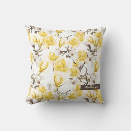 Yellow  White Magnolia Blossom Watercolor Pattern Throw Pillow