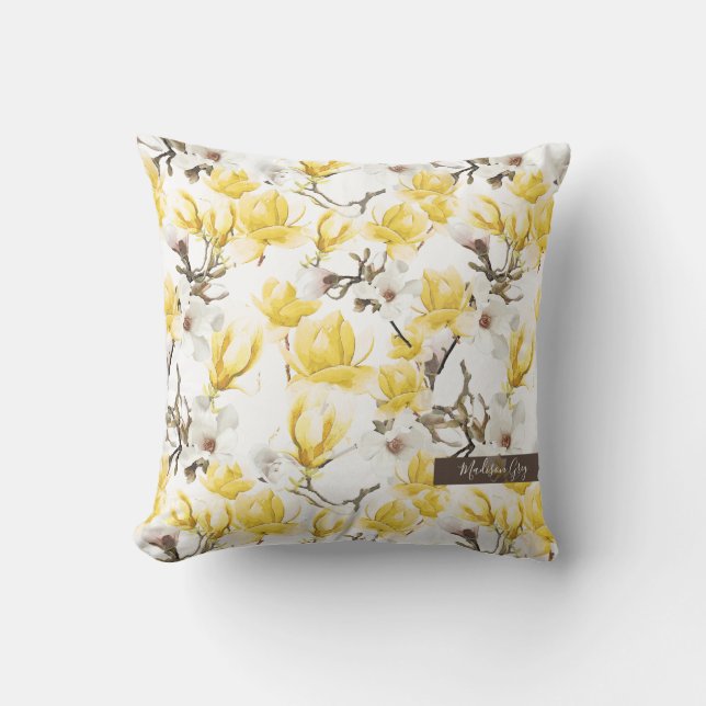 Yellow & White Magnolia Blossom Watercolor Pattern Throw Pillow (Front)