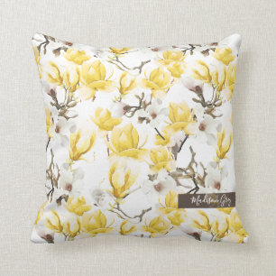 Yellow & White Magnolia Blossom Watercolor Pattern Throw Pillow